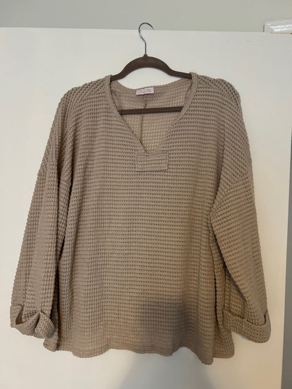 Pink Lily Taupe Waffle V-Neck Pullover